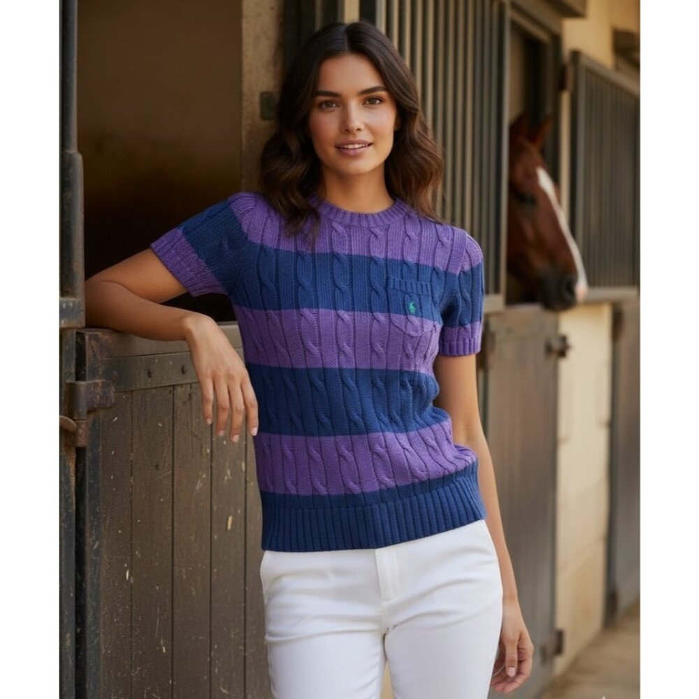 NWT Polo Ralph Lauren Striped Cable-Knit Short-Sleeve Sweater in Purple Navy XS